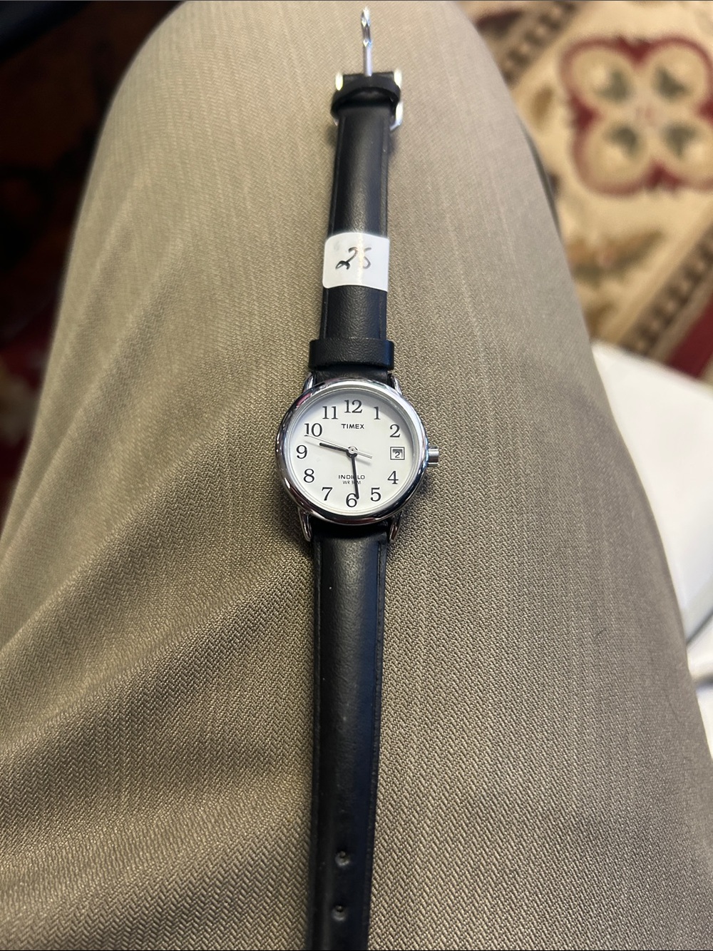 Timex Black Leather Strap Watch with White Dial and Date